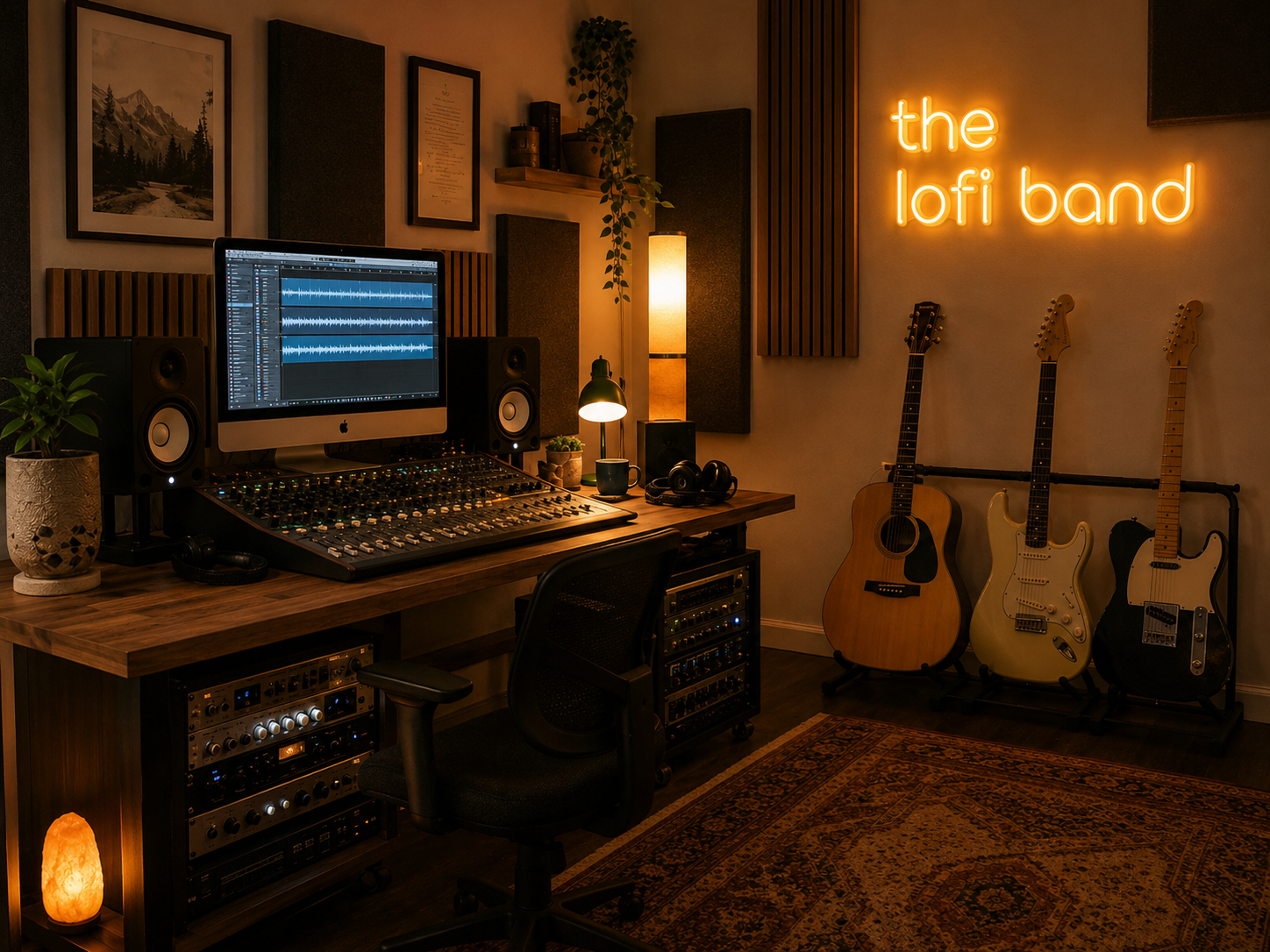 Warm home studio with a recording desk, guitars and The Lofi Band neon sign