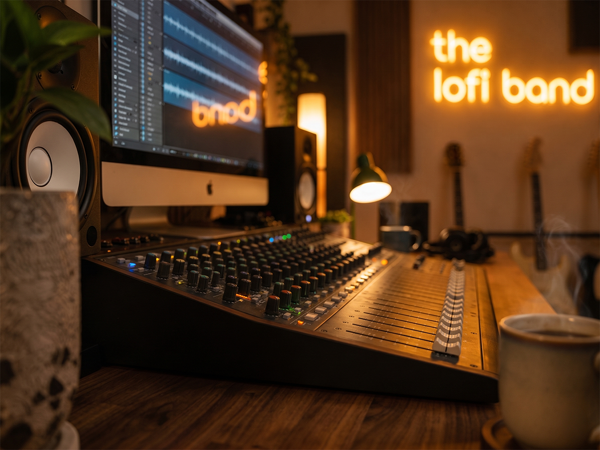 Close-up of the home studio mixing desk and monitor